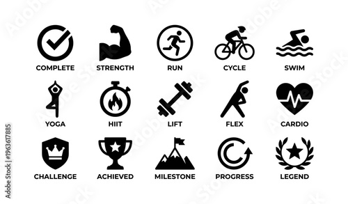Fitness icons: complete workout symbols including yoga, cardio, strength, and progress