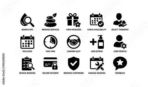 Spa service icons: browse, book, and confirm with ease