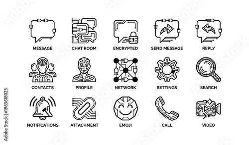 Communication and technology icons: messaging, security, and connectivity