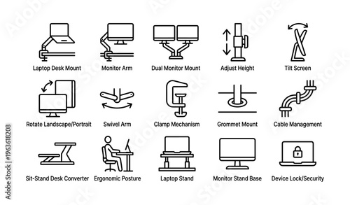 Collection of office desk accessories and ergonomic solutions icons