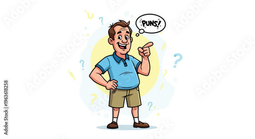 Man pointing with speech bubble saying puns surrounded by question marks cartoon vector