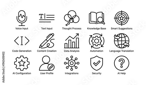 Icon set featuring voice input, ai, data analysis, security, language translation, user profile