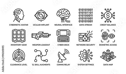 Futuristic technology icons set featuring neural interfaces and cybernetic avatars