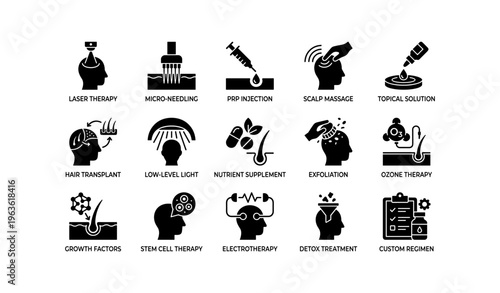 Hair restoration and scalp treatment icons: diverse solutions for hair health