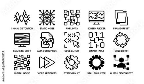 Digital glitch icons: signal distortion, data corruption, system faults