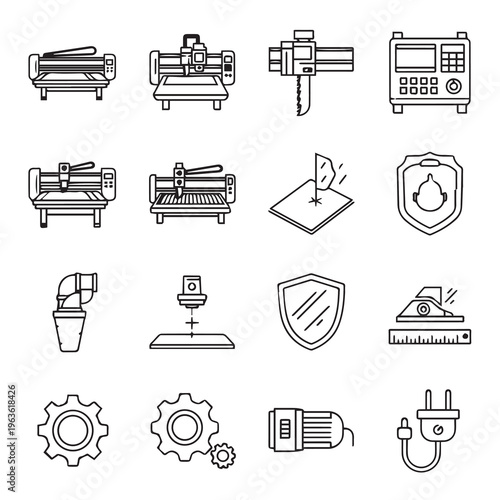 Industrial Cutting Equipment Icons Vector SetPrecision Tools and Machining Symbols