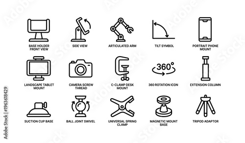 Set of office equipment icons: device mounts, camera accessories, and desk tools