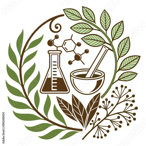 Herbal medicine chemistry beaker mortar pestle nature science graphic