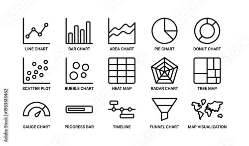 Different types of statistical charts and graphs icons in minimal line style
