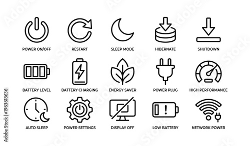 Set of device power icons including sleep mode and battery charging
