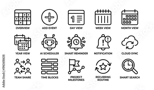 Icon set: calendar, scheduler, notifications, cloud sync, ai tools