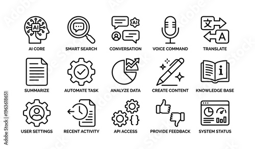 Ai and tech icons: core, search, conversation, voice, translate, summarize, analyze, automate