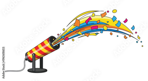 Colorful confetti popping out of a party popper on a stand illustration