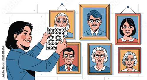 Woman arranging colorful framed portraits on a wall with a visual acuity test chart