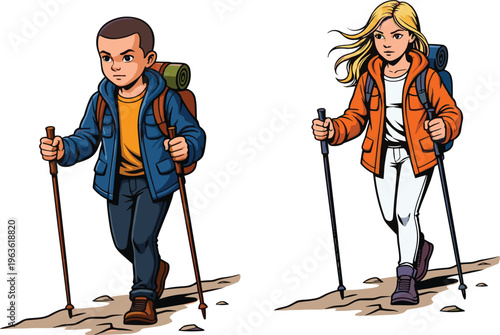 Cartoon hikers walking rocky trail, outdoor adventure illustration, trekking gear, backpack, camping equipment, mountain hiking, nature exploration, travel lifestyle vector