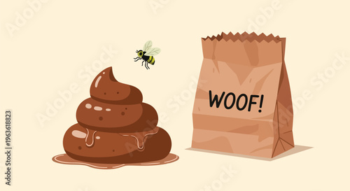 Cartoon dog poop with fly and brown paper bag saying Woof