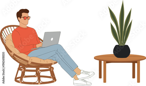 Cartoon home office, remote work illustration, laptop user, wicker chair, indoor plant, cozy workspace, modern lifestyle clipart, productivity design, casual work art