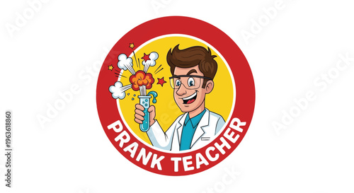 Prank Teacher cartoon logo with scientist character and explosion