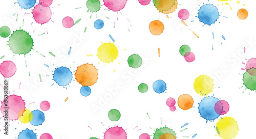 Colorful watercolor splatters and paint drops on white background festive decoration