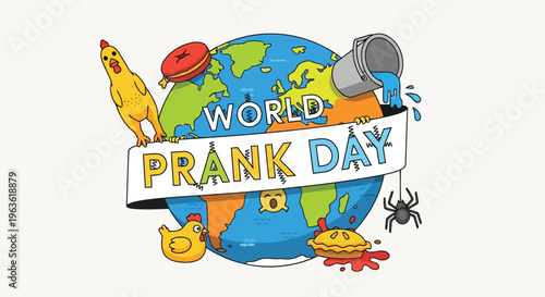 World prank day colorful cartoon globe with chickens pancakes spider and buckets