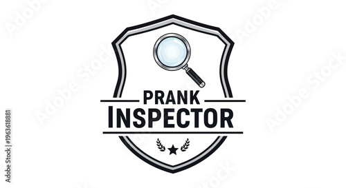 Minimalist shield logo with magnifying glass and text Prank Inspector