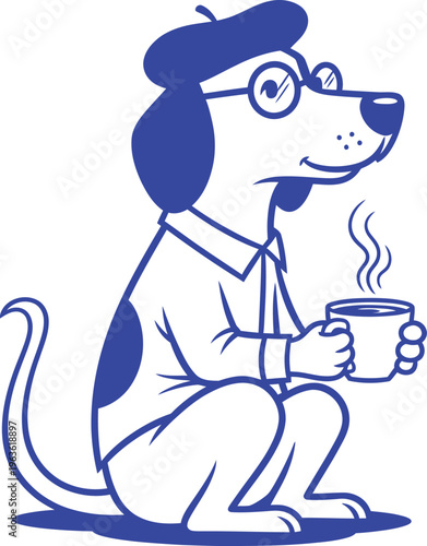 A dog in a beret and glasses enjoys a cup of coffee