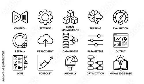Ai concept icons: control, settings, data management, evaluation, retrain, deployment, optimization