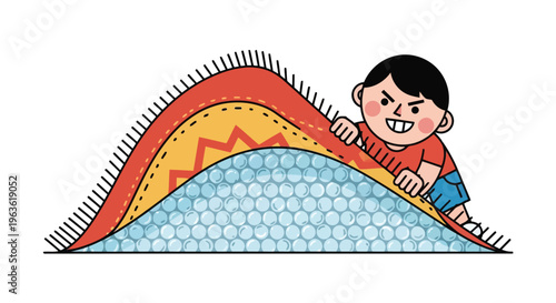 Cartoon boy climbing layered mattress with foam and fabric