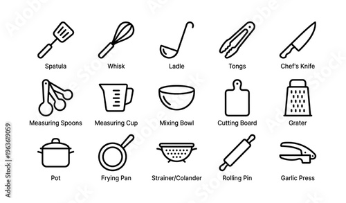 Essential kitchen utensils line art: tools for cooking and baking