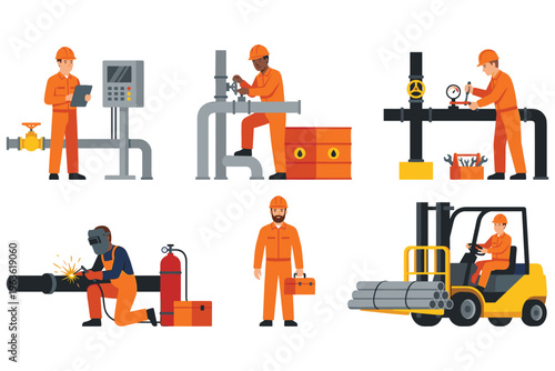 Industrial workers set performing various technical tasks in orange uniforms and helmets.