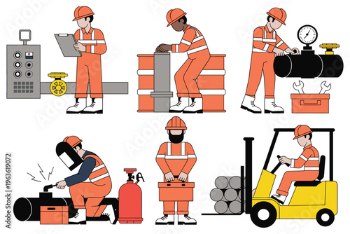 Industrial workers collection in orange safety uniform performing various factory duties.