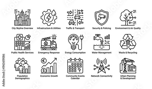 City infrastructure and services icons: skyline, transport, security, environment, healthcare