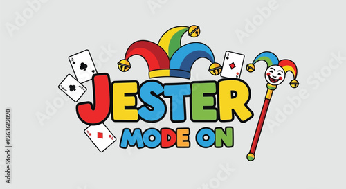 Colorful jester mode on logo with playing cards and staff