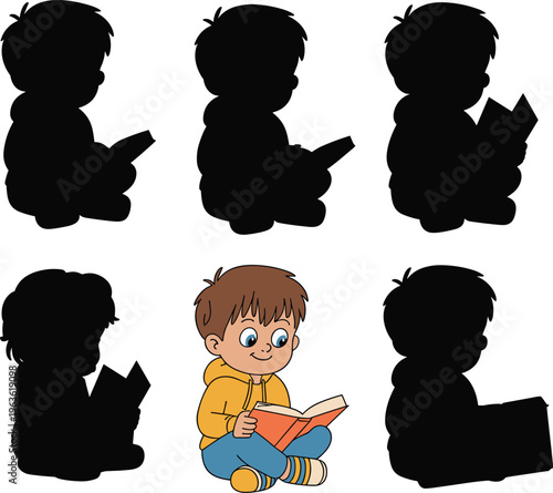 Cartoon illustration of child reading book, sitting cross‑legged, education, learning, childhood literacy, study, imagination, school, knowledge