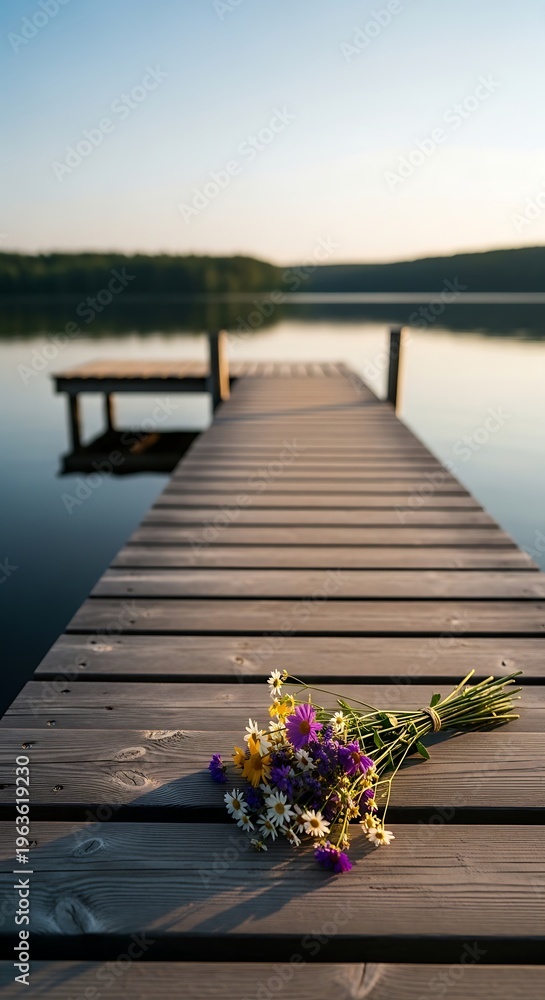 Fototapeta premium Bouquet of wildflowers rests on a wooden pier at sunrise overlooking a serene lake, evoking peace and natural beauty.