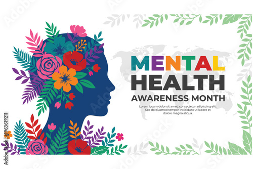 Mental health awareness month banner featuring profile silhouette with colorful blooming.