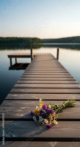 Bouquet of wildflowers rests on a wooden pier at sunrise overlooking a serene lake, evoking peace and natural beauty.