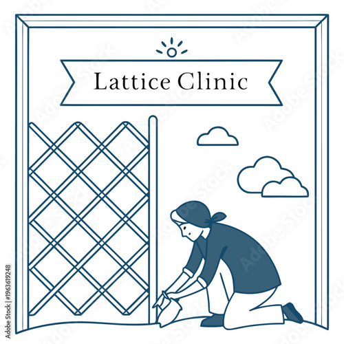 Gardener working by lattice fence outdoor nature clinic illustration