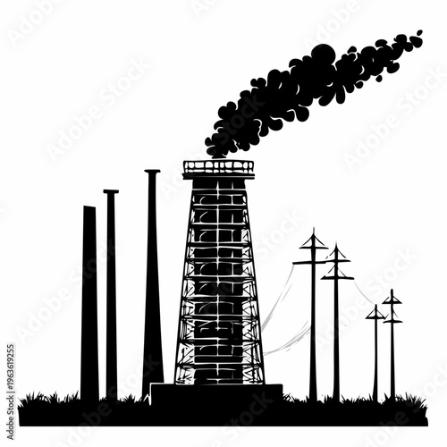 Industrial Factory Silhouette with Pollution and Power Lines.