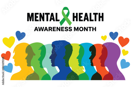 Mental health awareness month graphic with diverse colorful profiles and green ribbon sign.