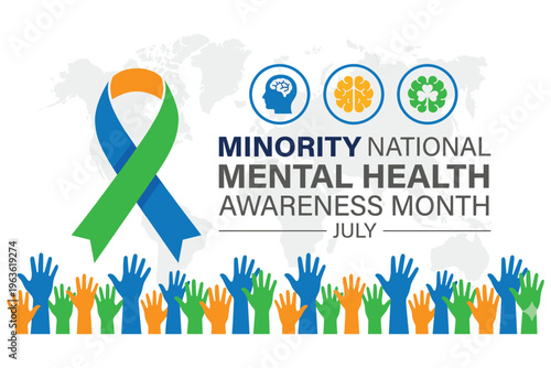 Minority national mental health awareness month poster with colorful ribbon and world map.
