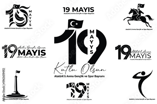 Set of minimalist emblems for may nineteenth commemoration day of youth and sports turkey.
