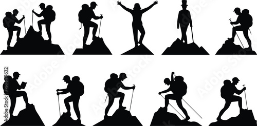 Flat line art collection of 10 climbing and hiking figures including backpacks, victory poses, crouching, and walking hikers black silhouettes