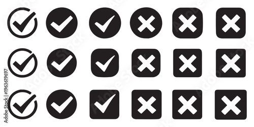 Сheck mark vector icons set. Simple tick and approved sign collection. Minimal black checkmark glyph symbols for correct, verified, or completed status. Check tick mark icon set.Cross box x check mark
