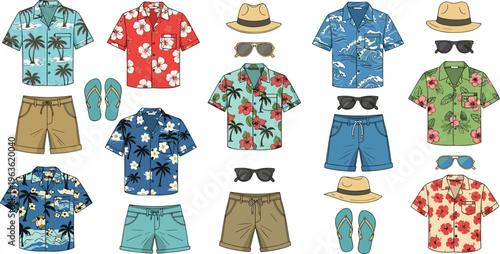 Collection of Hawaiian shirts shorts hats sunglasses and flip flops for summer.