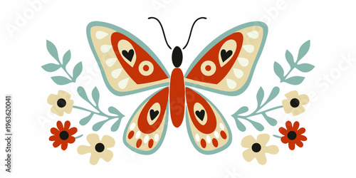 A whimsical illustration of a colorful butterfly with heart shaped markings