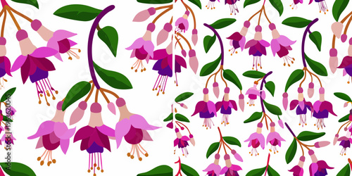 Repeating pattern of vibrant fuchsia flowers with delicate hanging stems