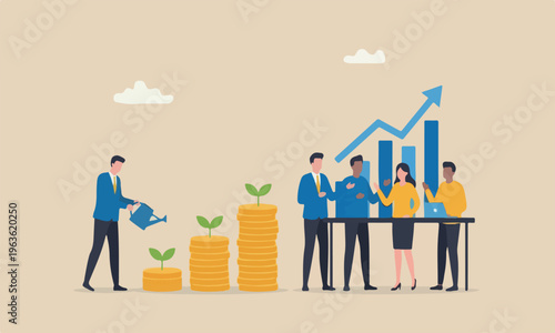  Saving growthfla together shading red pillars, pension prosperity, businessman watering growing seedling growth