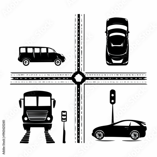 Vehicles at Road Junction Illustration.