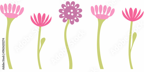 A row of stylized pink and purple flowers with long green stems